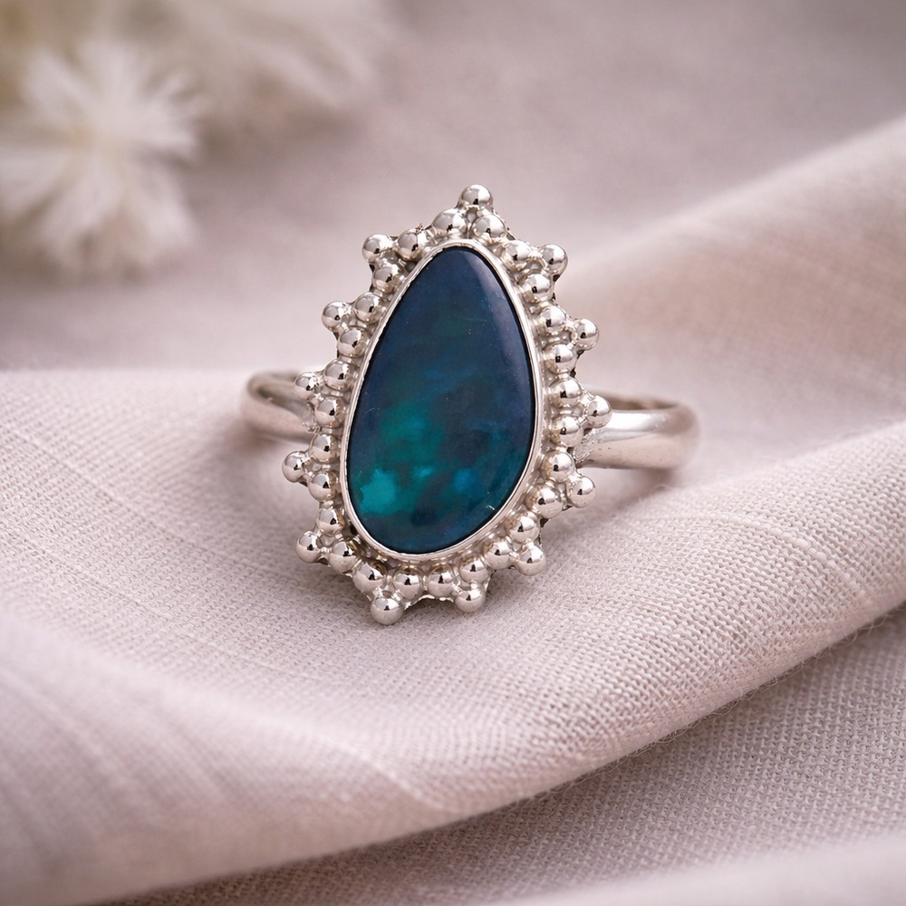 Australian Dark Blue Teal Opal Doublet 925 Silver Granulation Ring NEW 8 #528 - Picture 2 of 7
